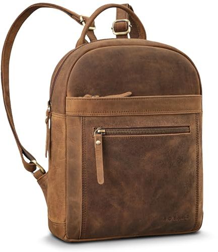 ROYALZ City Rucksack Damen klein Leder Tagesrucksack 'Delaware' moderne Vintage Rucksack-Handtasche Echtleder passend für DIN A5 Dokumente Daypack, Farbe:Nevada braun