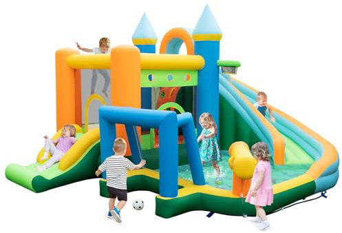 GYMAX Inflatable Water Park, 10 in 1 Kids Bouncy Castle with 2 Slides, Climbing Wall, Water Cannon, Basketball, Football, Ocean Balls & Colorful Rings, Children Jumping House for 3-10 Years Old
