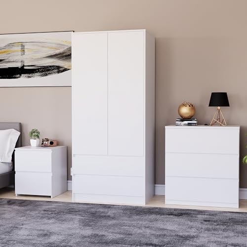 Vida Designs Denver Bedroom Furniture Set (White, 3pc - 3 DWR Chest+2 Dr Wardrobe+2DWR Bedside Table)