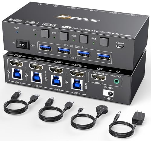Switch KVM USB 3.0 HDMI 4 porte 8K a 60 Hz, Camgeet 4 PC 1 monitor Switch KVM HDMI, simulazione EDID, per 4 computer condividono 1 monitor e 4 porte USB 3.0, con telecomando cablato, cavi USB 3.0
