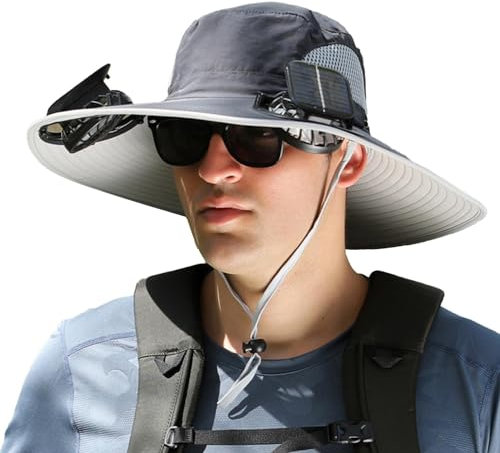 Wide Brim Sun Hat with Solar Fan,Wide Brim Fishing hat Sun Protection Hat Men | Solar Fan Outdoor Fishing Hat,Solar & USB Charging, Sunscreen Sun Hat,Solar Fan Hat UPF50+ Dark Gray