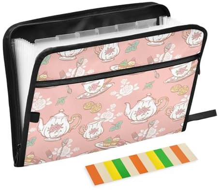 KLL Classeur accordéon, 13 poches, étanche, extensible, format A4, organiseur de documents, reçus pour salle de classe, maison, bureau, voyage, théière rose, cupcake