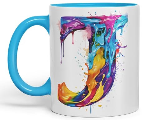 Vixar Letter J Mug, Alphabet Letter J Monogram Watercolour Ceramic Coloured Mug Cup for Tea Coffee Hot Brew 330ml 11Oz Gift (L Blue)