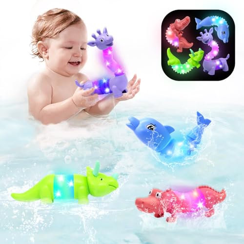DELEE Bath Toys 4Packs Animal Shaped Pop Tubes Baby Bath Toys with LED Lights Floating Swimming Water Toys,Perfect for Bath Time Fun,Travel,Pool Play,Idea Gift for 3 4 5 year olds Toddlers and Kids