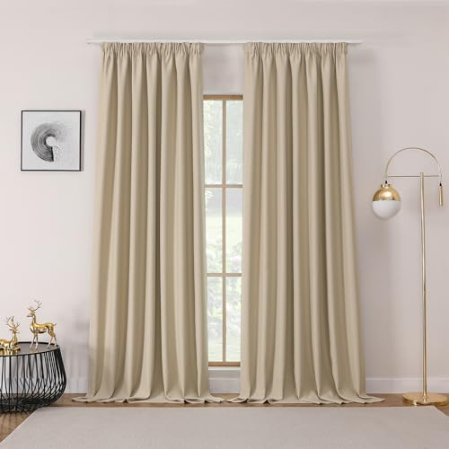 Joydeco Gardinen mit Kräuselband Blickdicht Vorhänge Schienensystem Verdunkelungsvorhang mit Haken Thermovorhang Kälteschutz Schlafzimmer Wohnzimmer 2er Set 245x132cm Hellbeige