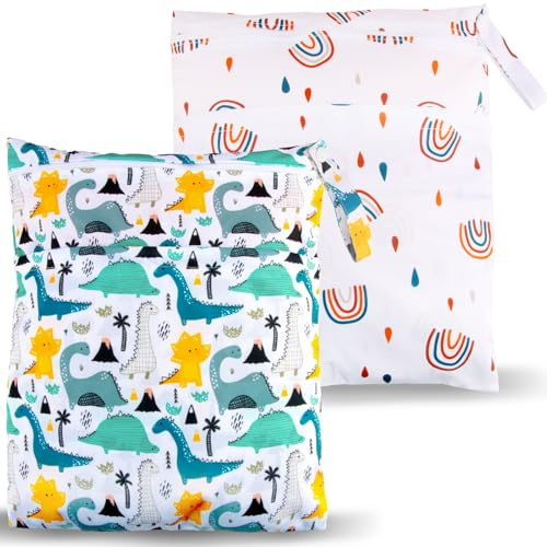 shallyong Wetbag, 2 Stück Wickeltasche, Nasstasche, Wet Bag Kindergarten, Nassbeutel Schwimmen, Wasserdicht Waschbar, für Kleinkind Windeln Reisen Strand Pool Gym (Dinosaurier Regenbogen-2)