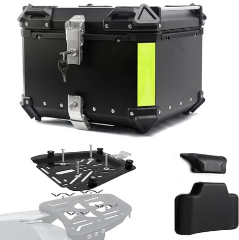 Baúl de Aluminio para Moto 45L 55L 65L 80L 100L, Maleta Top Case Impermeable, Maletero de Motocicleta, Caja para Scooter con Placa de Montaje y Respaldo (Negro, 45 L)