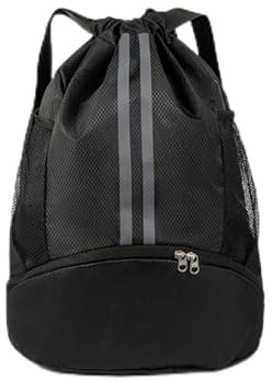 Ruayia Turnbeutel Sportbeutel Fußballtasche, Sportrucksack mit Breit Kordelzug Netztasche Ball-Fach, Aussentasche Verstellbar Tunnelzug Gymsack für Damen Herren, Sport und Reisen (Schwarz)