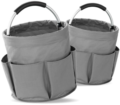 Maximex Reinigungs Caddy, 2er Set, Putztasche mit 6 Außenfächern, 16 l Hauptfach, Organizer für Putzmittel und Zubehör, gepolsterter Tragegriff, faltbar, wasserabweisend, Ø 28 x 26,5 cm,Polyester,Grau