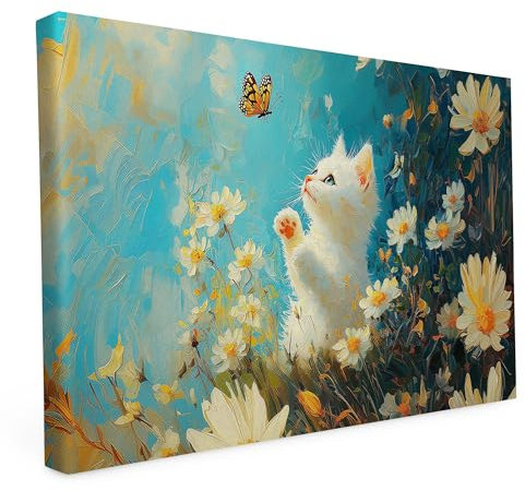 druck.de Keilrahmen - Katzen und Hunde Motive - Wandbild auf Künstler Leinwand – Hochwertiger Kunstdruck - 2cm Holzrahmen mit 280g Canvas - Katze und Schmetterling, 30x20 cm - Quer