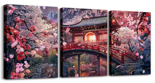 Loussiesd Japanisch 3er Poster Set für Wohnzimmer Kirschblüte Japan Wandbilder Set für Schlafzimmer Japanische Architektur Leinwandbilder Poster & Kunstdrucke