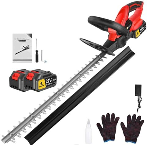 CONENTOOL 56cm Cordless Hedge Trimmer, 21V 4000mAh Electric Hedge Trimmer, Branches up to 20 mm Thick, 1000W Hedge Trimmers with Rechargeable Battery and Charger for Garden (Black With Two Batteries)