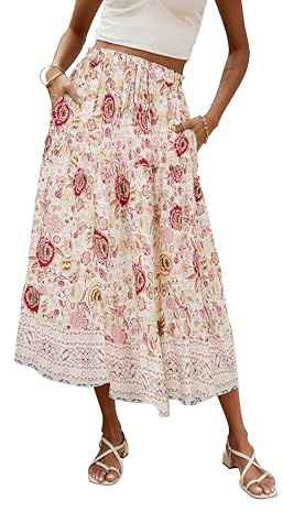 Hount Rock Damen Lang Boho Sommerrock Elegant Maxiröcke Casual Freizeitrock Kordelzug Elastische Röcke mit Taschen