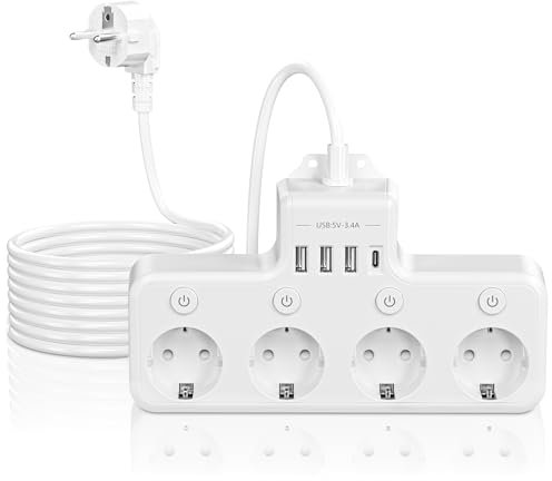 Multiprise avec USB, multiprise avec Interrupteur, Prise escamotable, 2 Compartiments, Prise de Table encastrable, avec câble de 2 m (Blanc - Style Mural, 4 Prises)