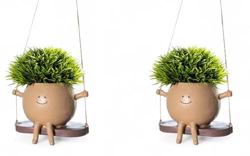 DARO DEKO künstliche Gräser im Hängetopf mit Smiley Face 15 x 16cm - 2 Stück Grünpflanze hängend Kunstgras Kunst-Pflanze