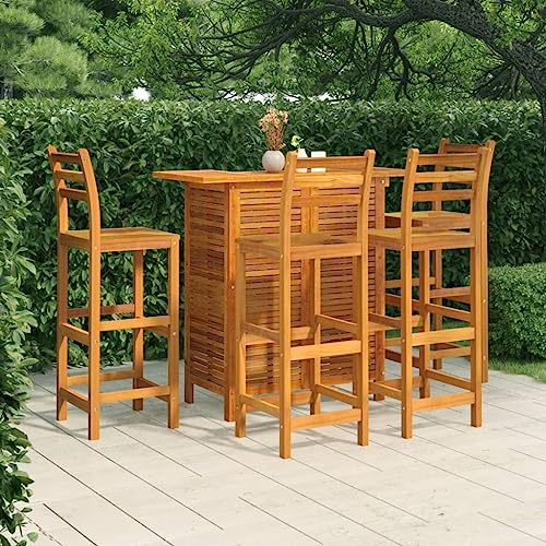 Qnhdfrt Gartenbar Set aus Massivholz Akazie 110 x 50 x 105 cm mit 4 Barhockern und 2 Ablagen Robustes Outdoor Möbelset für Terrasse Garten und Balkon