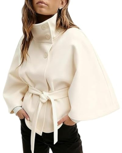 Generisch Women Batwing Sleeve Ponchos Pea Coat Belted Cropped Pea Coat for Fall Winter Jacket Wool Stand Collar Belt Capes Overcoat