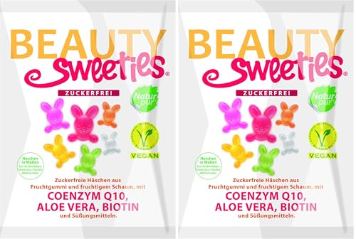 BeautySweeties Zuckerfreie Häschen 125 g | Fruchtig-süße, zuckerfreie & vegane Fruchtgummi-Häschen | Mit Coenzym Q1, Aloe Vera und Biotin | 1 x 125 g Beutel (Packung mit 2)