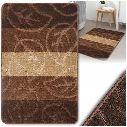 Decorator HOME - Badteppich Blätter Braun 50x80 cm - rutschfeste Badematte aus Polypropylen 12 mm - weich waschbar saugfähig - Badezimmer Teppiche - Badvorleger für Fußbodenheizung geeignet