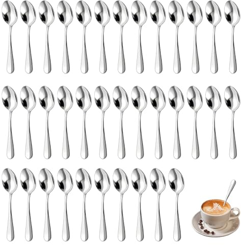 36 Piezas Cucharas de Postre, 13,8 cm Cucharillas Cafe, Cucharas Soperas, Cucharas de Acero Inoxidable, Cucharillas, Pulidas con Espejo, Resistente, para Té, Postre, Pastel, Postre y Ensalada, Plata