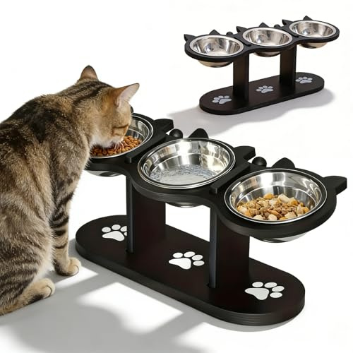 Gamelle surélevée pour chat avec 3 bols en acier inoxydable et support en bois, station d'alimentation pour chat, inclinable à 15 °, gamelle en bois 3 en 1, station d'alimentation réglable pour chats