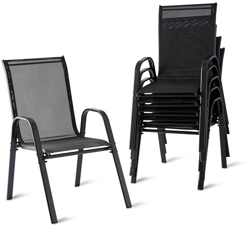 Relaxdays Gartenstühle, 6er Set, Hochlehner, Armlehnen, stapelbar, bis 150 kg, Polyester, Metall, Stapelstuhl, anthrazit
