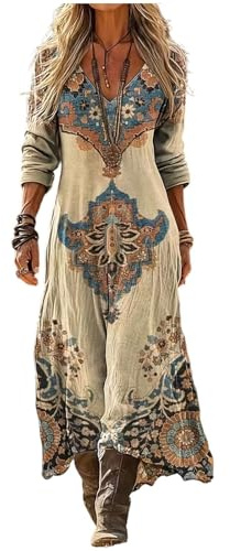 Gienslru Robe Femme Chic et Elegant Longue Bohème Col V Manches 3/4 Tissu Imitation Lin Respirant Fluide Robe Maxi Vintage Imprimé Ethnique Chic pour Plage Soirée Voyage - Coupe Ample Confortable