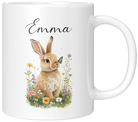 LIEBTASTISCH - Personalisierte Tasse mit Spruch Emma - Hase mit Blumen Motiv - Kaffeetasse mit Namen - Geschenkidee - Lustiges Geschenk - Weiss