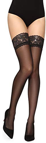 Merry Style Collant Bas Fin Transparent Autofixant pour Porte-jarretelles Lingerie Sexy Sous-vêtements Femme MS 200 15 DEN (Noir, XS-S)