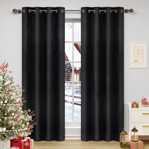 WOLTU Verdunklungsvorhang Blickdicht Samtvorhänge mit Ösen, 2 Stücke Thermogardine Ösenvorhang 300 g/m² Schwere Verdunkelungsgardinen lichtdicht für Schlafzimmer Wohnzimmer, 140x270 cm Schwarz