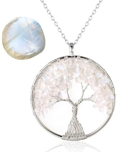 HALUKAKAH Femme Cristaux Pierres Collier Laiton Plaqué Platine Fil de fer Naturel Pierre de Lune Fait à la Main Arbre de Vie Enroulé Pendentif 5cm Chaîne 50cm