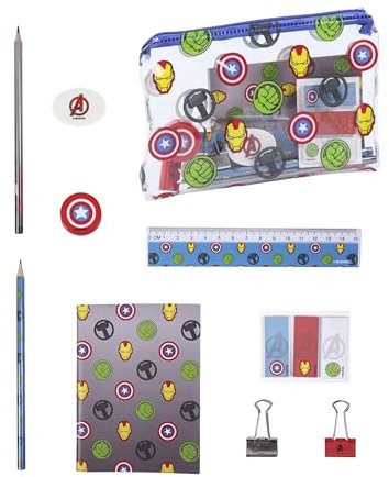 Marvel Avengers Briefpapier-Set, Einschließlich Bleistifte, Lineal, A6-Notizbuch, Radiergummi, Anspitzer, Haftnotizen, Clips, Federmäppchen, Schulset Jungen