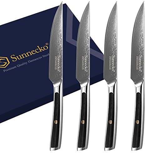 Sunnecko Couteau a Steak en Acier Damassé 73 Couches, Set Couteaux de Table 4pcs, Manche Acier Couvert Fibre Verre G10, Couteau à Viande Steak Dessert pour 4 Personnes