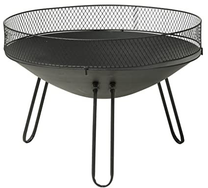 Feuerschale - Feuerkorb aus schwarz lackiertem Metall - Ø 60cm - Höhe 44cm - Schutzgitter - für Garten, Terrasse, Strand, Wohnmobil, Party