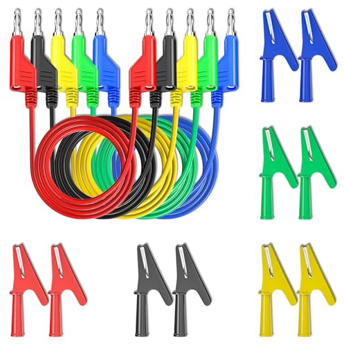 Cleqee 4mm stapelbar Banane zu Bananenstecker Messleitungen mit 10 Stück voll isoliert Kupfer Krokodilklemmen für Multimeter elektrische Prüfung 5 Farben
