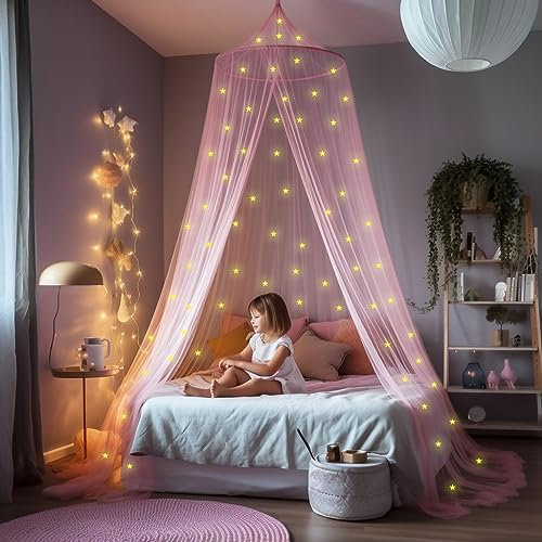 Rosa Betthimmel mit vorgeklebten leuchtenden Sternen - Prinzessinen Moskitonetz für Mädchen Zimmerdekoration - Himmelbett Vorhänge für Kinder und Baby Bett
