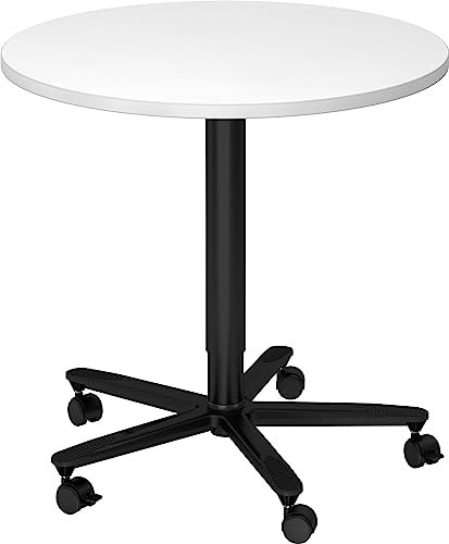 bümö Säulenhubtisch höhenverstellbar, Stehtisch Büro, Bistrotisch rund 80 x 80 cm - Besprechungstisch weiß, Stehtisch Holz-Platte, Säule aus Metall in schwarz, Säulentisch, Hochtisch