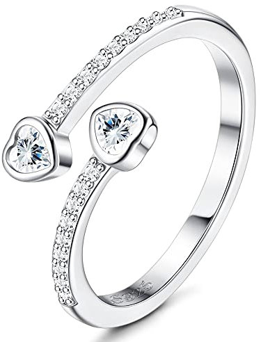 JeweBella Sterling Silber 925 Verstellbare Ringe Damen Herz Offener Fingerring Eheringe Trauringe Engagement Verlobungsring Damen Zirkonia Promise Ringe Frauen Schmuck Geschenke Silber/Gold/Roségold