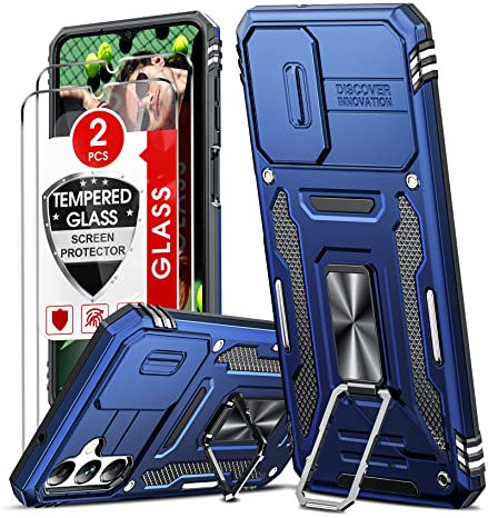 LeYi Coque pour Samsung A14 4G/5G Protection Caméra et Anneau Support avec Lentille Coulissante Couverture, Étui de PC Dur et TPU Silicone Cover Antichoc Housse Case pour Samsung Galaxy A14 4G Bleu