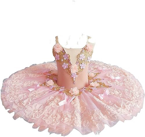 OTMYIGO Professionelles Ballett-Tutu für Mädchen, Schwanensee, Pfannkuchen-Tutu, Ballerina-Party-Tanzkostüme, Ballettkleid,Rosa,140