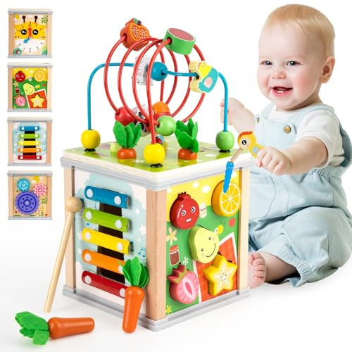 Funsland Motorikwürfel Aktivitätswürfel aus Holz 7 in 1 Montessori Spielzeug ab 3 Jahr, Motorikschleife Kinderspielzeug Sortierspiel Holzspielzeug Lernspielzeug für 3 4 Jahre Kinder