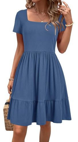 Newshows Sommerkleid Damen Knielang Strandkleid Sommer Outfits Kleid Elegant Kurz Partykleid Mit Taschen Blau