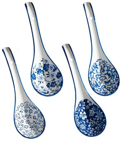 Binblin 4PCS Cucharas Soperas,Cuchara Redonda Sopa,Cuchara Ramen Cucharas de Porcelana azul y Blanca,Cucharas de Ramen con Patrones Retro para Albóndigas y miso Wonton