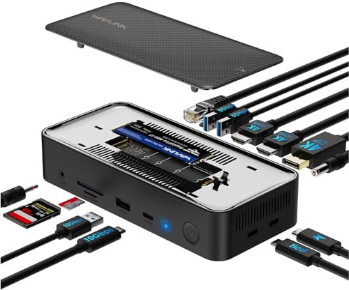 WAVLINK Triple Display Dock, 13 en 1 Tipo C 10Gbps Hub con M.2 PCIe/SATA SSD Enclosure, Soporte 100W PD, 4K@60Hz HDMI/DP, USB C/USB-A Gen 3.2/3.1, SD/TF, Gigabit RJ45 para Windows, Mac OS