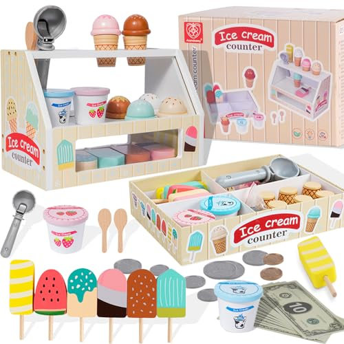 Aolawco Eisdiele Kinder Holz Spielzeug, Montessori Kinderküche Zubehör ab 3 Jahre, 40 Stück Hölzerne Eisdiele Kinders, Geburtstags Jungen Mädchen