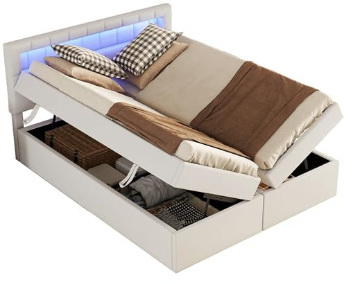Azkoeesy Polsterbett 140 x 200 mit Bettkasten, Doppelbett, Stauraumbett, mit LED-Beleuchtung, mit Lattenrost und Stauraum, Bezug aus Leinen, Beige