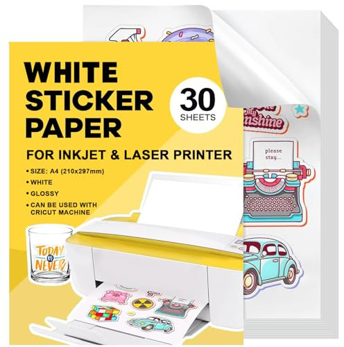 Stickerpapier Papier Zum Bedrucke 30Stk A4 Weiß Wasserdicht Bedruckbare Klebefolie Papier Selbstklebend Für Laserdrucker Tintenstrahldrucker Schnell Trocknen 21 x 29,7 cm