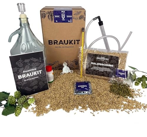 Braukit - Pils Bierbrauset mit 5L Gärflasche | Malzmischung, Hopfen, Hefe, Thermometer, Reiniger, Abfüller | Einfache Handhabung, Perfekt für Einsteiger | Geschenk für Männer
