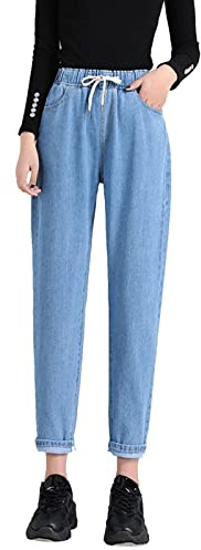 PODOLIXIA Jeans da donna a forma di carota, pantaloni Capri a vita alta, in denim, pantaloni estivi da donna, con tasche, elastico in vita dritta, jeans lavati, Blu chiaro, XXL