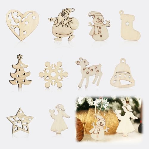 100 Piezas en 10 Estilos Diferentes Adornos de Navidad de Madera, copos de nieve, corazón de jengibre, rodajas de madera decoraciones Colgantes para Árbol de Navidad y Más
